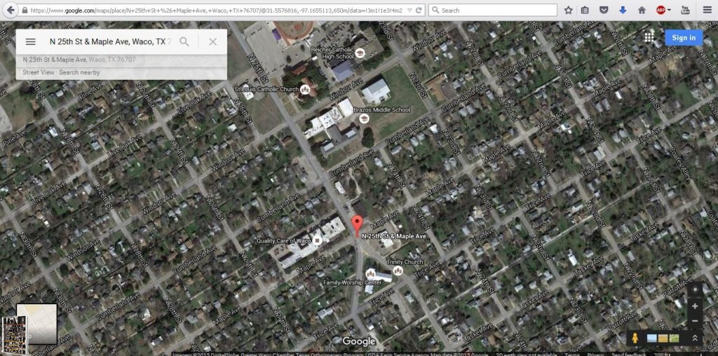 Google Maps image of the location where the training reportedly happened on May 14th, 2015 in downtown Waco, Tx. 